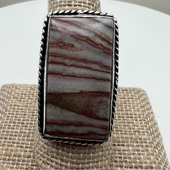 New Banded Dolomite Jasper Stone Ring Sterling Silver Overlay 925 Size 8.25–8.5 - Picture 7 of 10